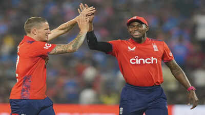 pune england39s bowler brydon carse celebrates the wicket of indian batter rinku